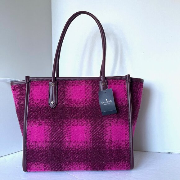 Kate Spade Ella Plaid Tweed Tote Medium Bright Rose Black Shoulder Bag - Picture 3 of 13